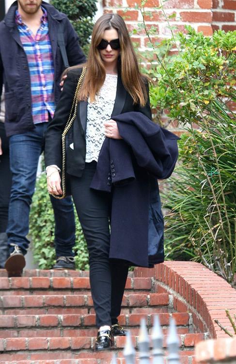 Anne Hathaway Pictures Anne Hathaway leaving a friends house in Beverly Hills on January 20, 2012