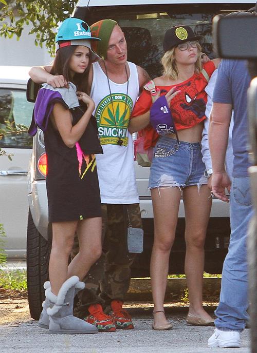 Selena Gomez, Vanessa Hudgens and Ashley Benson on the set of Spring Breakers on March 27, 2012