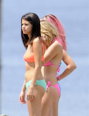 Selena Gomez, Vanessa Hudgens and Ashley Benson on the set of Spring Breakers on March 27, 2012