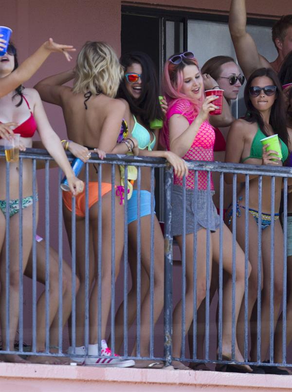 Selena Gomez, Vanessa Hudgens and Ashley Benson on the set of Spring Breakers on March 21, 2012