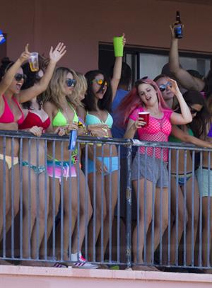 Selena Gomez, Vanessa Hudgens and Ashley Benson on the set of Spring Breakers on March 21, 2012