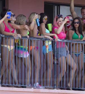 Selena Gomez, Vanessa Hudgens and Ashley Benson on the set of Spring Breakers on March 21, 2012