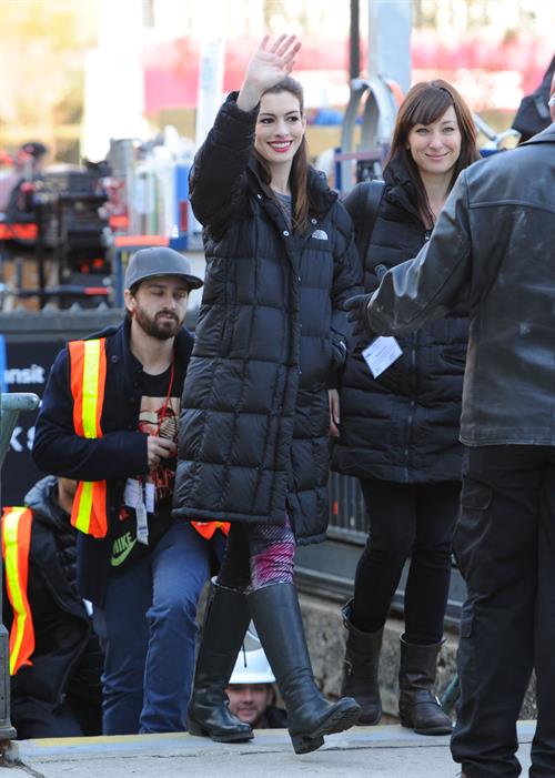 Anne Hathaway on the Dark Knight Rises set in New York City 4-11-2011 