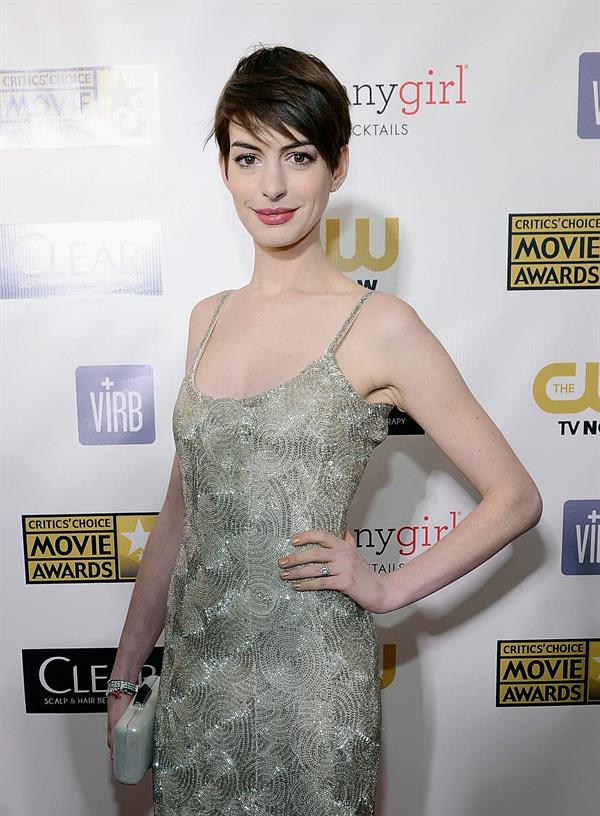 Anne Hathaway attends the Critics' Choice Movie Awards 2013 with Skinnygirl Cocktails at Barkar Hangar