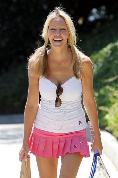 Heather Locklear - Playing with a pink dress Tennis in Malibu (Aug 1, 2012)
