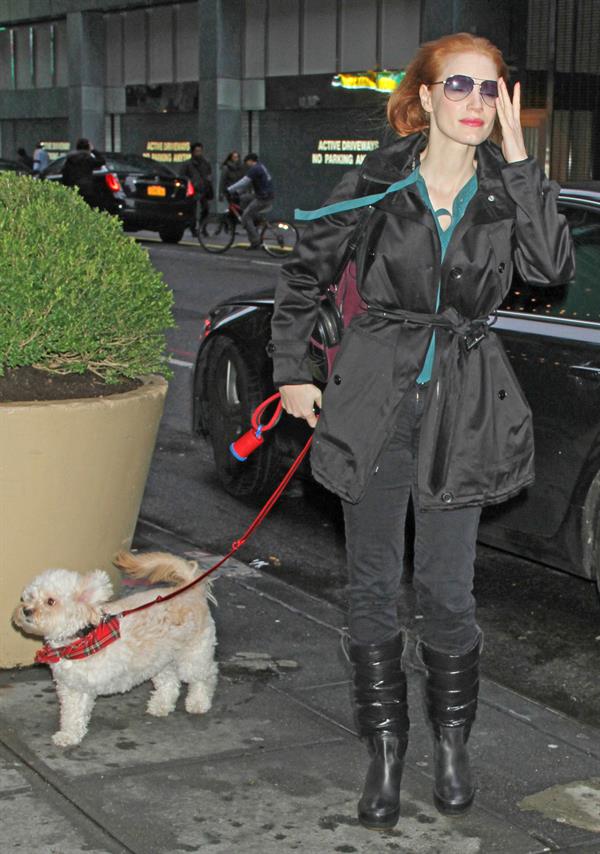 Jessica Chastain with her dog Chaplin arriving to the Walter Kerr Theatre in New York City December 27, 2012 
