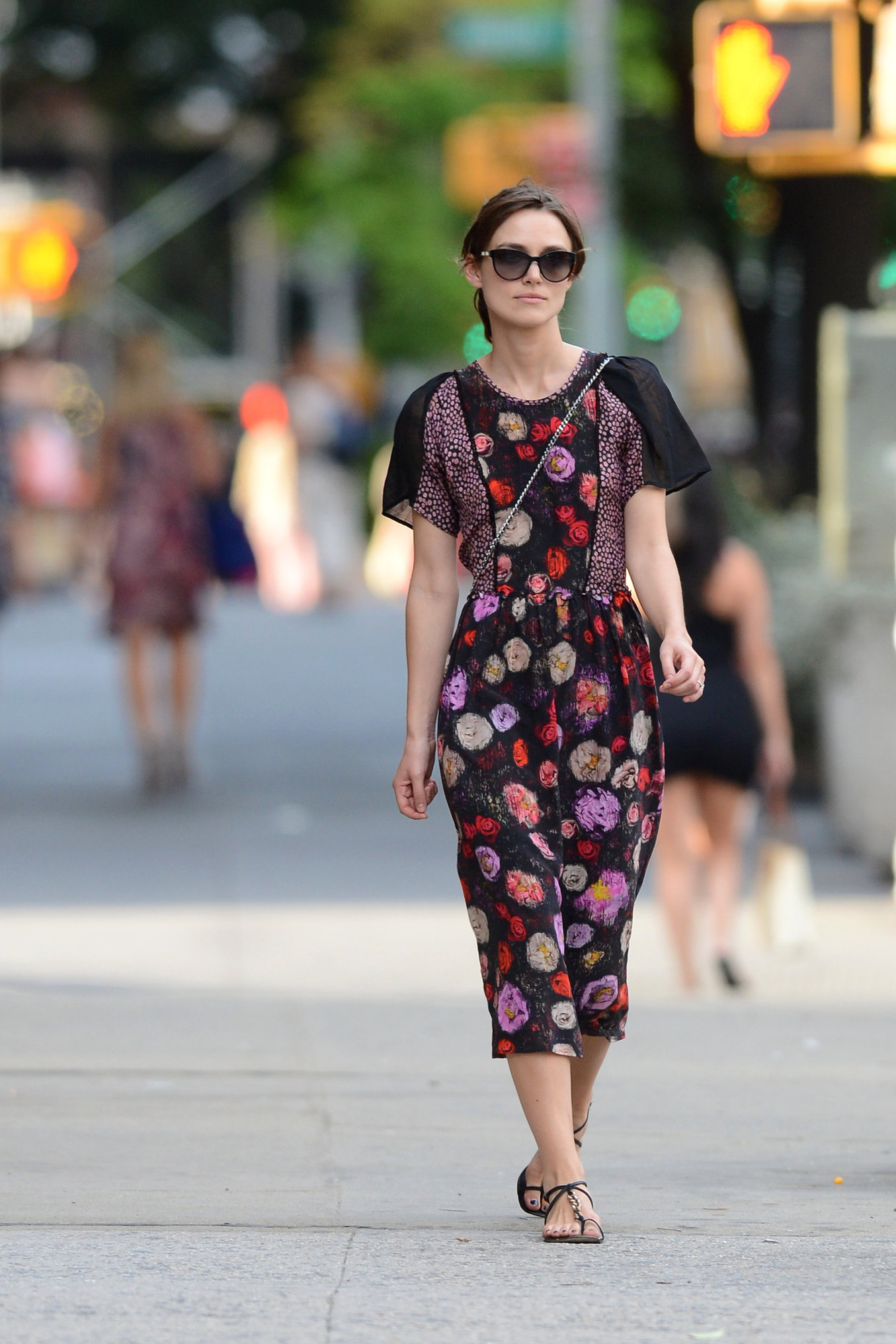 Keira Knightley Pictures Keira Knightley wears a dark floral dress while strolling in New York City on August 7, 2012