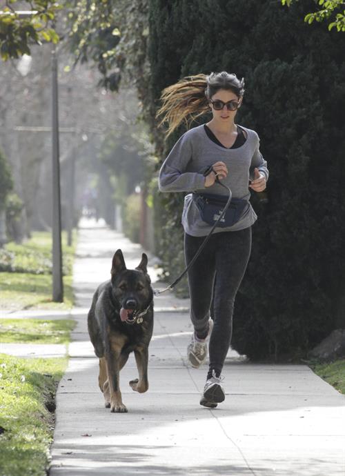 Nikki Reed jogging with her dog Enzo in Los Angeles on February 6, 2013