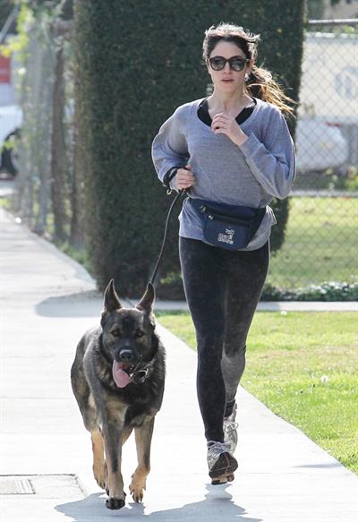 Nikki Reed jogging with her dog Enzo in Los Angeles on February 6, 2013
