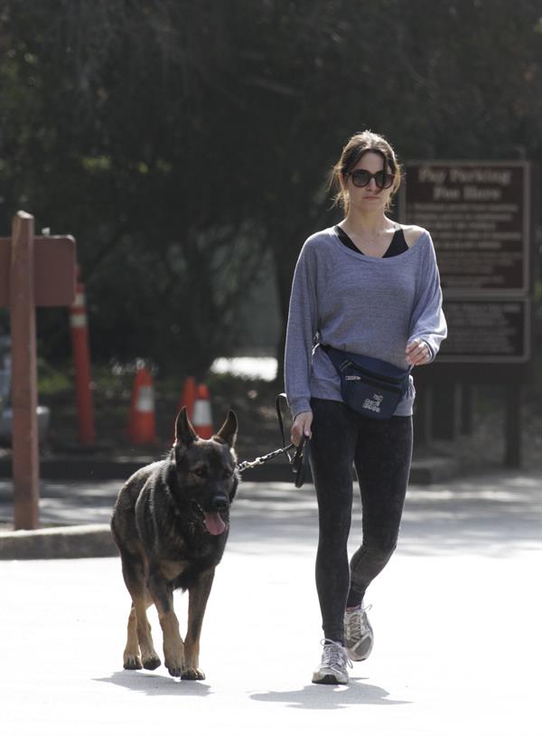 Nikki Reed jogging with her dog Enzo in Los Angeles on February 6, 2013