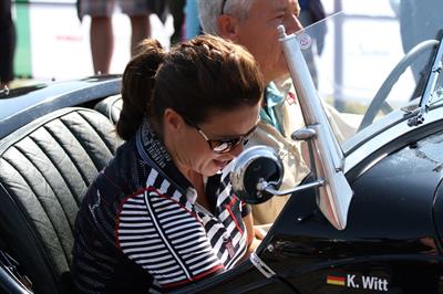 Katarina Witt at the oldtimer car rally Hamburg-Berlin-Klassik August 30, 2014
