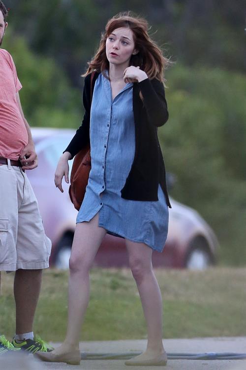 Emma Stone on the set of an untitled Woody Allen project in Newport July 28, 2014