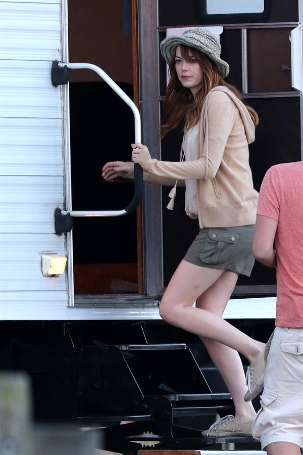 Emma Stone on the set of an untitled Woody Allen project in Newport July 28, 2014