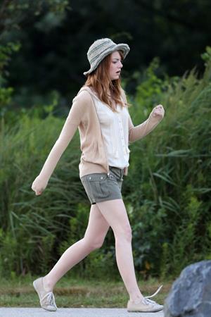Emma Stone on the set of an untitled Woody Allen project in Newport July 28, 2014