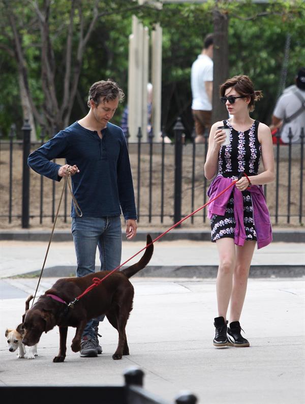 Anne Hathaway out walking with her husband in New York City