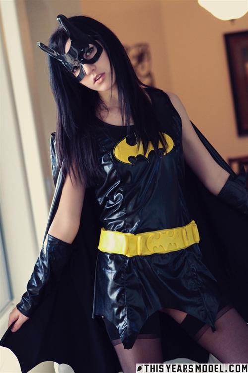 Catie Minx in batgirl Halloween costume