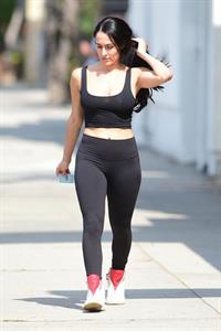 Nikki Bella braless in a see through top showing her boobs seen by paparazzi.







