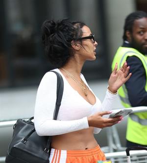 Maya Jama sexy in a crop top showing some nice cleavage seen by paparazzi.










