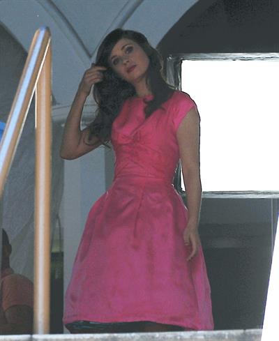 Zooey Deschanel On Set of a Music Video Shooting in Los Angeles April 16, 2013 