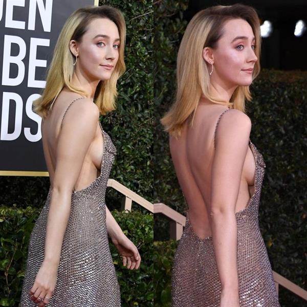 Saoirse Ronan braless boobs showing nice sideboob cleavage in a sexy dress photographed arriving to the Golden Globe Awards.
