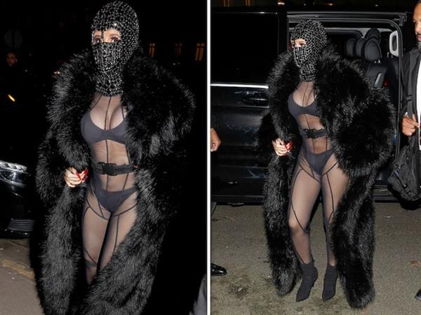 Cardi B sexy in lingerie and a see through bodysuit showing nice cleavage with her big tits on her way to Offset's fashion show. Covering her face with bling.