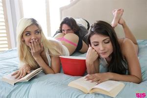 Adria Rae,Elizabeth Jolie Nude Pictures Elizabeth Jolie gives her stepbrother a blowjob then brings her friend Adria Rae in for a hardcore massage threesome