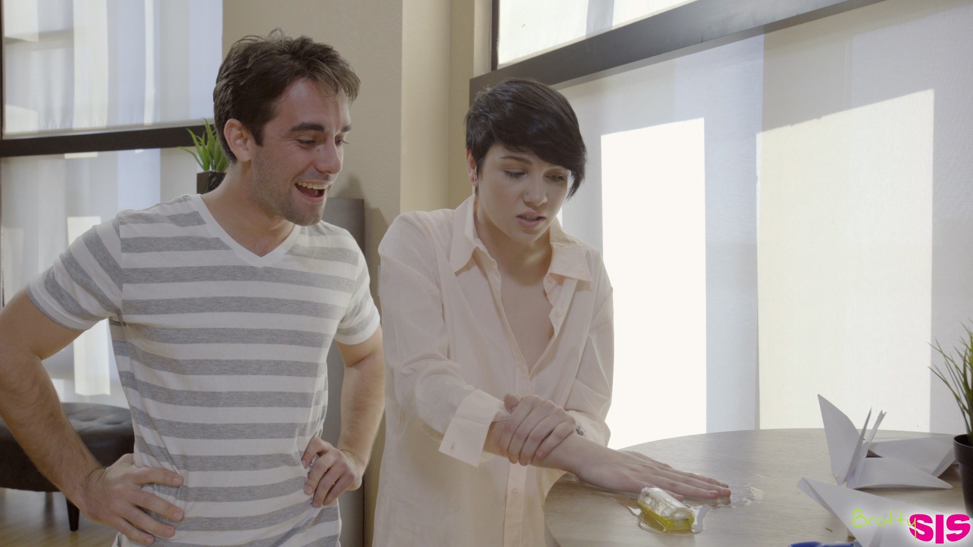 Cadey Mercury fucks her stepbrother to get out of a sticky situation then gets on her knees for a wet slippery blowjob