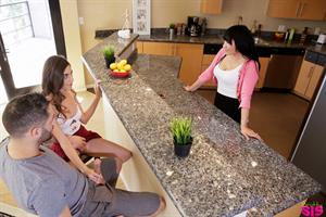 Cock craving nubile Arielle Faye sneaks in blowjobs and a hardcore stiffie ride in her bald pussy with her stepbrother