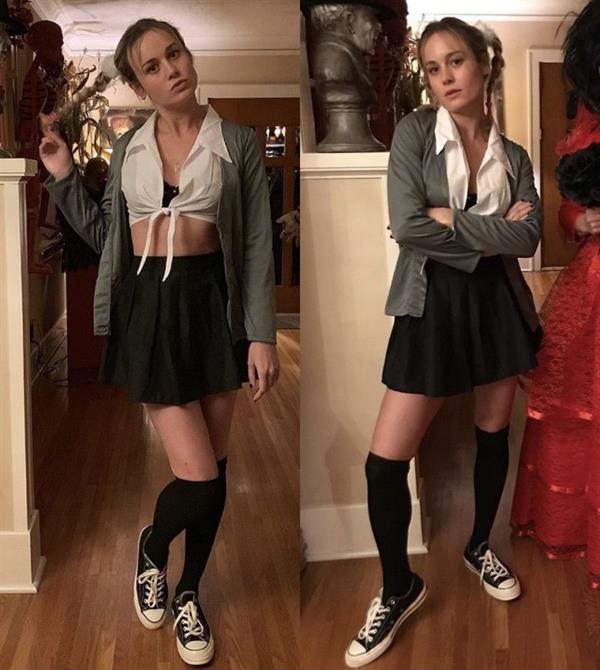 Brie Larson sexy Halloween costume dressed as Britney Spears from Hit Me Baby One More Time dressed as a school girl.