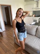 A lacy top and jean shorts make spinner coed Bellaria look so cute and innocent although this cum loving coed is anything but.